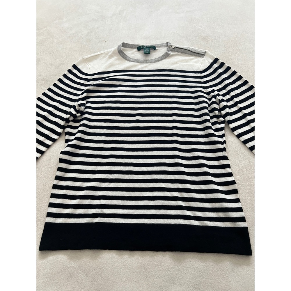 Lauren Ralph Lauren Petite Striped Sweater White Black Gray Zip Shoulder Cotton - Picture 6 of 13